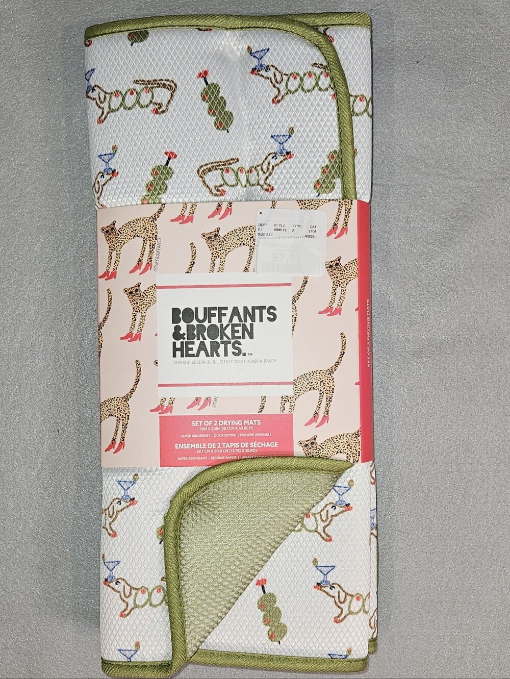 Bouffants & Broken Hearts Olive Green Dachsunds & Martinis Drying Mat - NWT